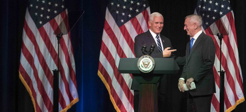 At the Pentagon, Vice President Mike Pence and Defense Secretary Jim Mattis announce the Trump administration's plan to create a new military service branch, Space Force, on Thurs., Aug. 9, 2018. 