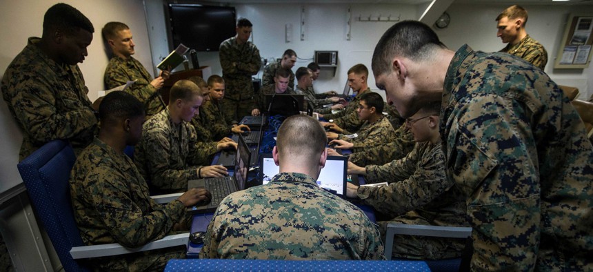 MEDITERRANEAN SEA (March 3, 2018) U.S. Marines assigned to Battalion Landing Team, 2nd Battalion, 6th Marine Regiment (BLT 2/6), 26th Marine Expeditionary Unit (MEU), conduct simulated squad-level integrated training with Virtual Battlespace Simulator.