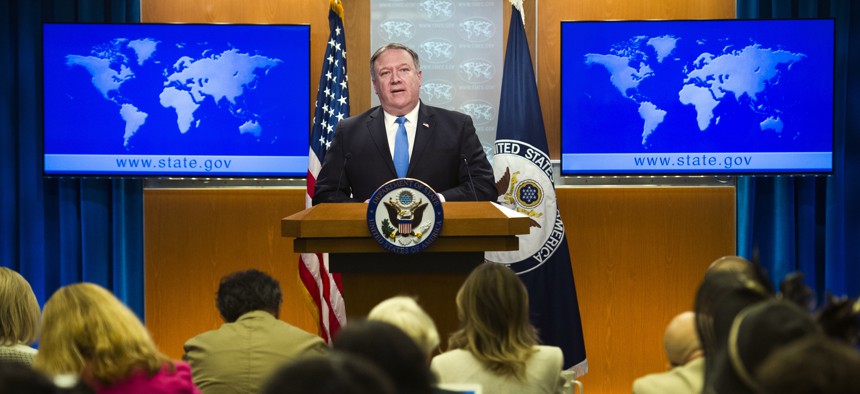 Secretary of State Mike Pompeo announces the creation of the Iran Action Group at the State Department, in Washington, Thursday, Aug. 16, 2018. 