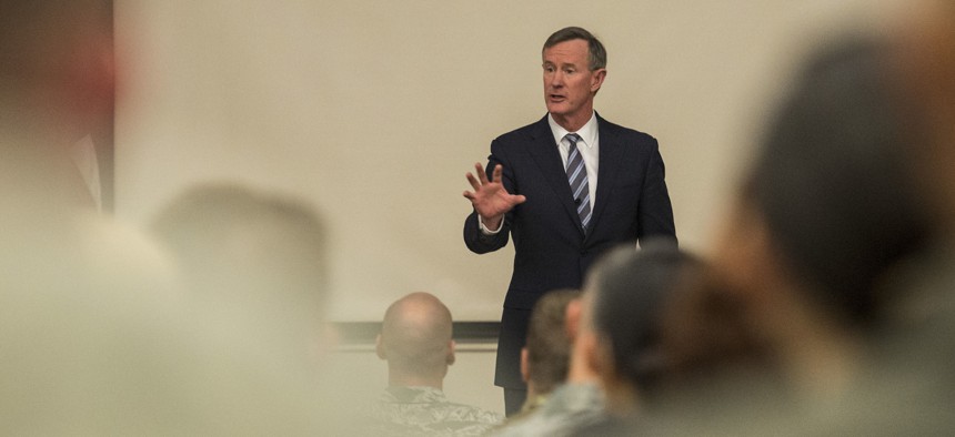 Retired U.S. Navy Adm. William H. McRaven speaks to service members inside the Pfingston Reception Center located on Joint Base San Antonio – Lackland, Texas, January 10, 2018. 