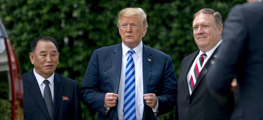 President Donald Trump, North Korean aide Kim Yong Chol, and Secretary of State Mike Pompeo at White House in Washington, Friday, June 1, 2018.
