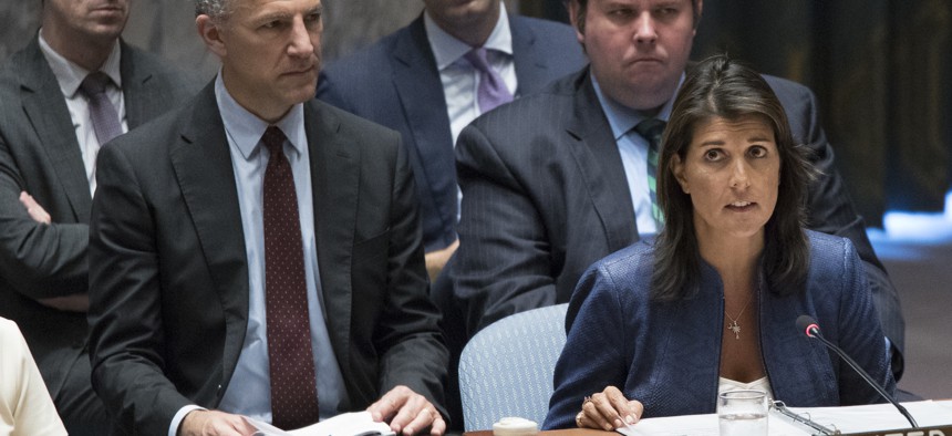 American Ambassador to the United Nations Nikki Haley speaks during a Security Council meeting on threats to international peace and security caused by terrorist acts, Thursday, Aug. 23, 2018 at United Nations headquarters.