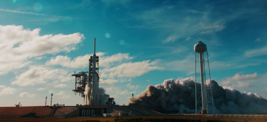 The February 2018 launch of the SpaceX Falcon Heavy rocket.