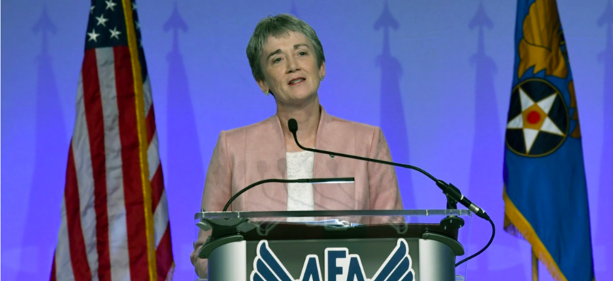 Secretary of the Air Force Heather Wilson delivers her the “Air Force We Need,” address during the Air Force Association Air, Space and Cyber Conference in National Harbor, Maryland, Sept. 17, 2018.