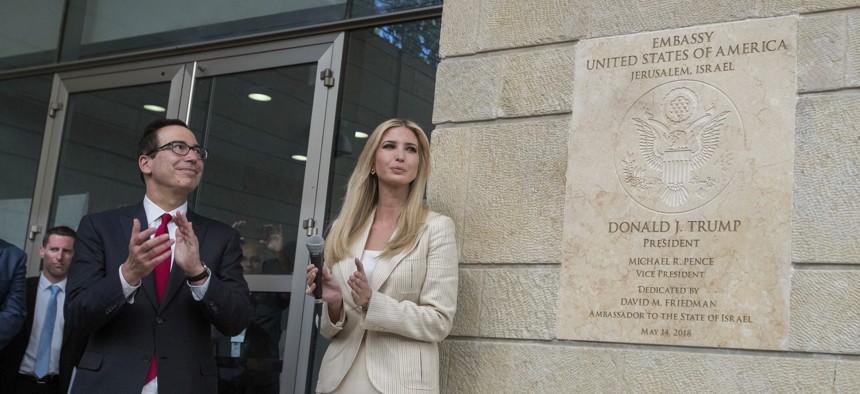 U.S President Donald Trump's daughter Ivanka, right, and US Treasury Secretary Steve Mnuchin during the opening ceremony of the new US embassy in Jerusalem, Monday, May 14, 2018.