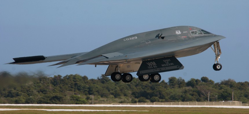 A B-2 Spirit bomber, from the 509th Bomb Wing at Whiteman Air Force Base, Mo., takes off for a mission during an air and space expeditionary force deployment at Andersen Air Force Base in Guam.