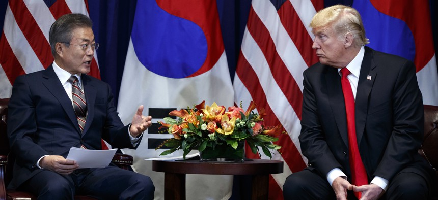 President Donald Trump meets with South Korean President Moon Jae-In at the Lotte New York Palace hotel during the United Nations General Assembly, Monday, Sept. 24, 2018, in New York.