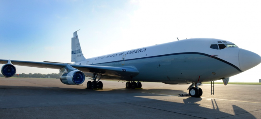 An OC-135 Open Skies aircraft parked on a ramp at Offutt Air Force Base, Nebraska Sept. 14, 2018. The U.S. Air Force operates two modified Boeing 707 aircraft as part of the 1992 Open Skies treaty.