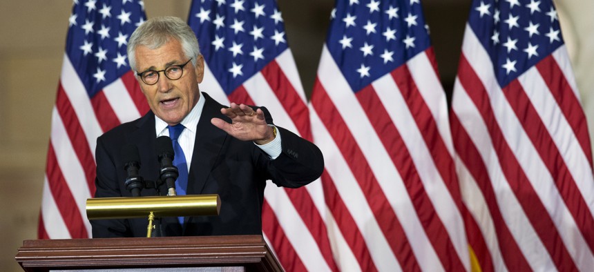 Former Secretary of Defense Chuck Hagel, speaks about his experiences as a soldier fighting in Vietnam, during a ceremony to commemorate the 50th anniversary of the Vietnam War on Capitol Hill in Washington, Wednesday, July 8, 2015.