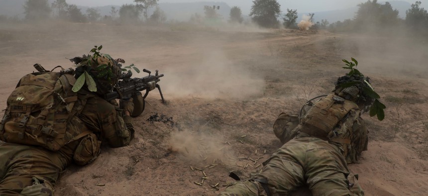 U.S. Army Soldiers from 1st Battalion, 21st Infantry Regiment, 2nd Infantry Brigade Combat Team, 25th Infantry Division and their Royal Thai Armed Forces counterparts participate in a life fire exercise during Exercise Cobra Gold 2018 in Thailand, Feb. 18
