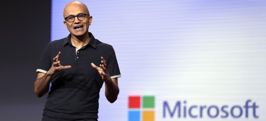 Microsoft CEO Satya Nadella delivers the keynote address at Build, the company's annual conference for software developers Monday, May 7, 2018, in Seattle.