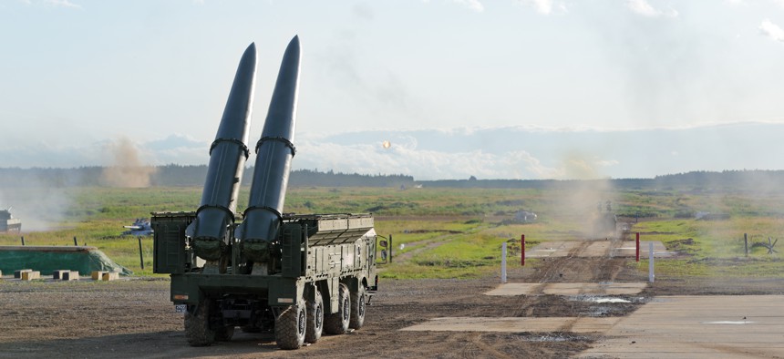 Russia's SSC-8, also called the Novator 9M729 reportedly uses a transporter-erector-launcher similar to the existing 9K720 Iskander vehicle, pictured here August 20, 2018.