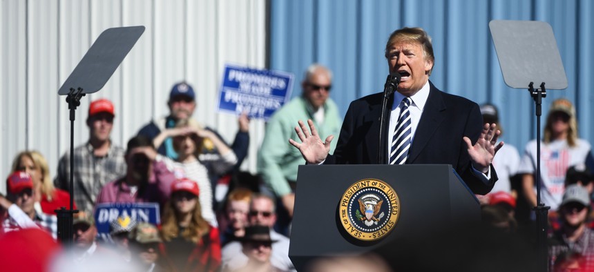 President Donald Trump speaks at a campaign rally on Saturday, Oct. 20, 2018 in Elko, Nev.