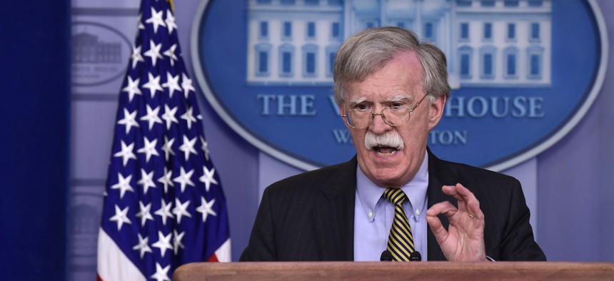 National Security Adviser John Bolton speaks during a briefing at the White House in Washington, Wednesday, Oct. 3, 2018. 