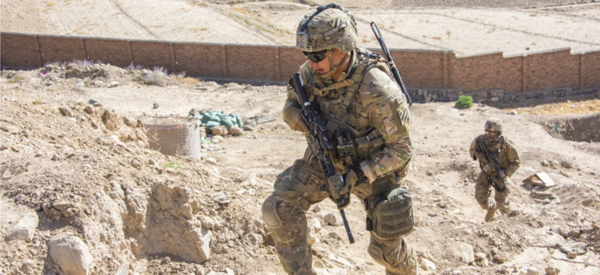Soldiers with the 3rd Infantry Division provide extra security for a 1st Security Force Assistance Brigade advisor mission during an Afghan-led operation near Kabul, Afghanistan, Sept. 16, 2018.