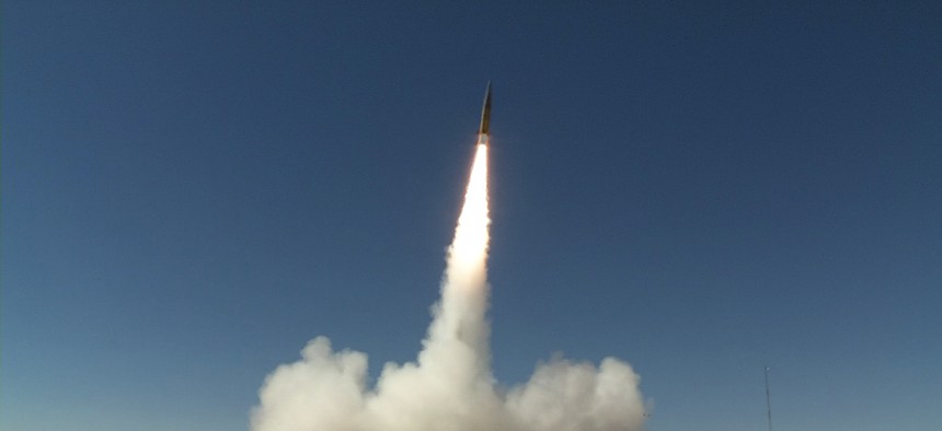 A Sabre short-range ballistic missile launches in June 2017 at White Sands Missile Range, New Mexico, for a test of the Patriot Advanced Capability-3 (PAC-3) Missile Segment Enhancement, an advanced missile defense system. 