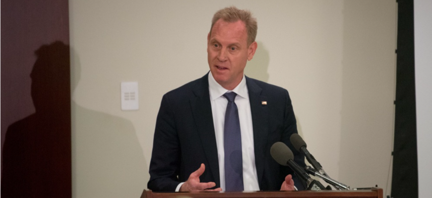 U.S. Deputy Secretary of Defense Patrick M. Shanahan speaks to members of the Military Reporters and Editors Association during their annual convention at the Navy League Building in Arlington, Va., Oct. 26, 2018. 