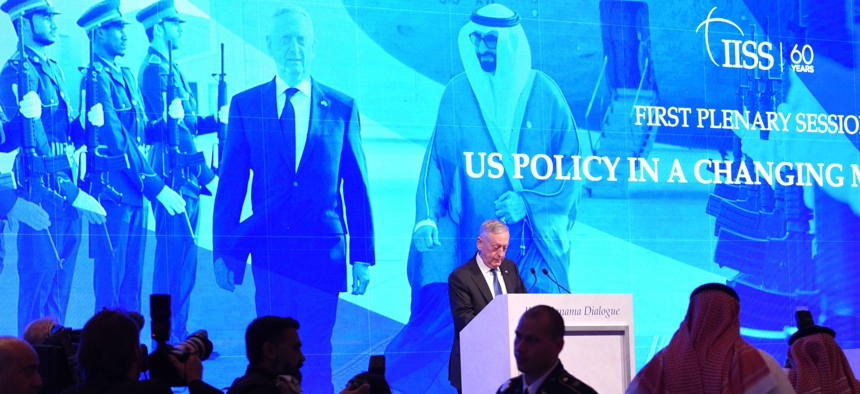 Secretary of Defense Jim Mattis stopped short of blaming Saudi Arabia for Washington Post columnist Jamal Khashoggi's murder, in his keynote speech at the Manama Dialogue, in Bahrain, Oct. 27, 2018.