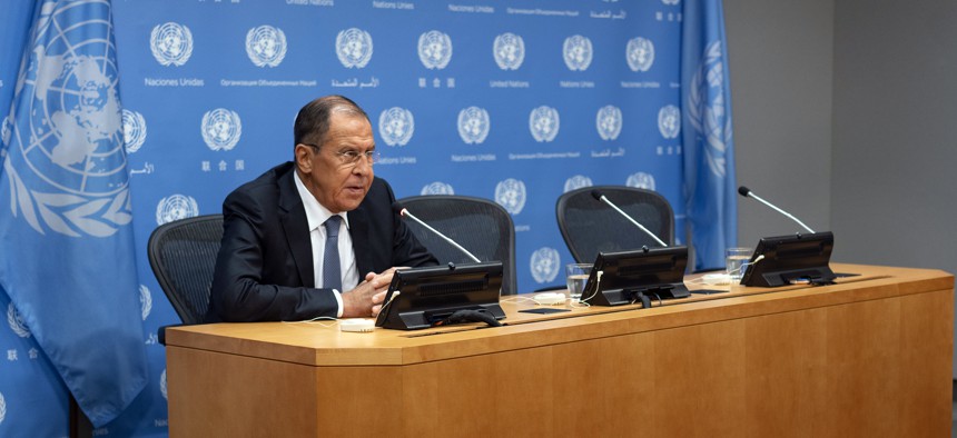 Russia's Foreign Minister Sergey Lavrov speaks during news conference at the 73rd session of the United Nations General Assembly, at U.N. headquarters, Friday, Sept. 28, 2018. 
