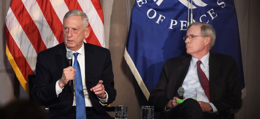 U.S. Secretary of Defense James N. Mattis speaks at the United States Institute of Peace, in a discussion moderated by the chair of the institute’s board of directors, Stephen J. Hadley, Washington, D.C., Oct. 30, 2018.