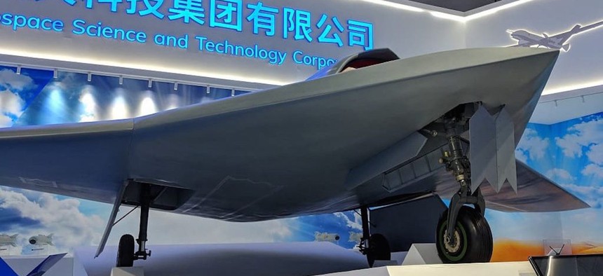A mockup of the Chinese CH-7 combat drone on display at the  Zhuhai airshow this week. 
