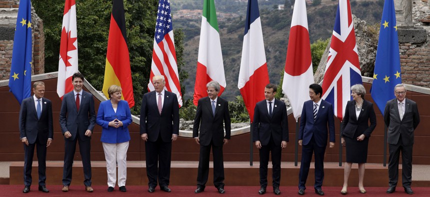 A group photo at the G7 summit in the Sicilian citadel of Taormina, Italy, May 27, 2017.