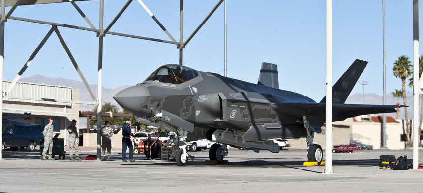 An F-35 at Nellis Air Force Base, Nev. The Air Force Small Business Innovation Research program paid a small business to create an F-35 abrasion-resistant coating that lasts 20 times as long as a previous coating.