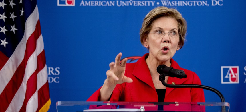 Sen. Elizabeth Warren, D-Mass., speaks at the American University Washington College of Law in Washington, Thursday, Nov. 29, 2018, on her foreign policy vision for the country.