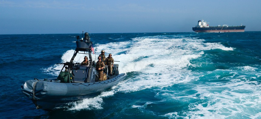 A U.S. Navy special warfare combatant craft crew returns from a simulated mission to recover a hijacked tanker Apr 3, in Kuwait territorial waters as part of exercise Eagle Resolve 2017. 