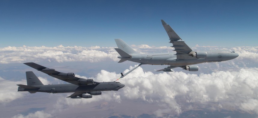 A Royal Australian Air Force KC-30A Multi Role Tanker Transport refuels an Edwards B-52 Stratofortress over California in 2017.