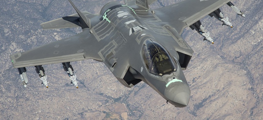 An F-35 Lightning II from the 461st Flight Test Squadron at Edwards Air Force Base, California, soars over the Mojave Desert on a test sortie. 