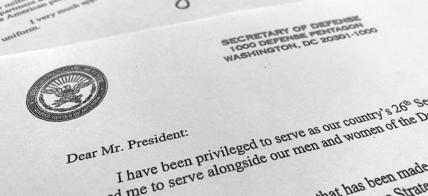 Part of Defense Secretary Jim Mattis' resignation letter to President Donald Trump is photographed in Washington, Thursday, Dec. 20, 2018. Mattis is stepping down from his post, Trump announced, after the retired Marine general clashed with the president.