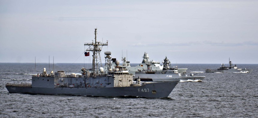 Allied and partner nation ships participate in close-quarters ship maneuvering drills during exercise Baltic Operations (BALTOPS) 2015.