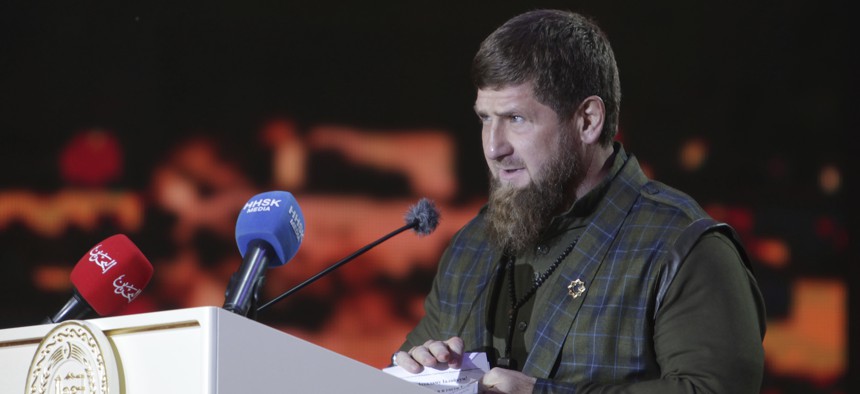 In this Friday, Oct. 5, 2018 photo Chechen regional leader Ramzan Kadyrov speaks during celebration of the 200th birthday of the Chechen capital, the city of Grozny in Grozny, Russia. 