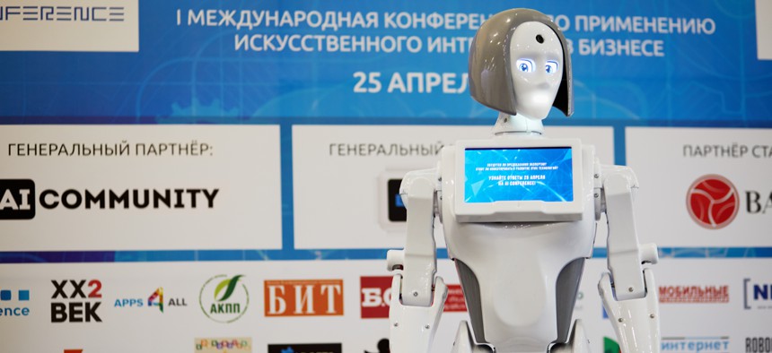 Feminine robot KIKI is displayed during AI Conference in Novotel Moscow City Hotel April 25, 2017.