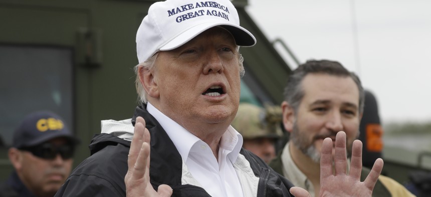 President Donald Trump speaks as he tours the U.S. border with Mexico at the Rio Grande on the southern border, Thursday, Jan. 10, 2019, in McAllen, Texas.