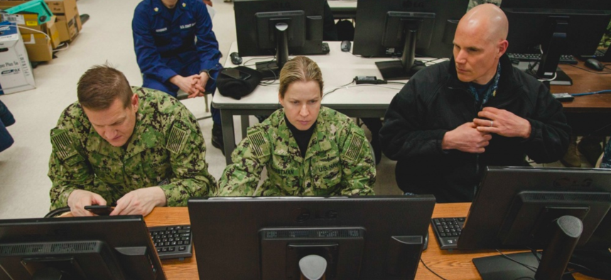 U.S. Navy sailors try out a web-based tool for managing patient information during Exercise Arctic Care 2018.