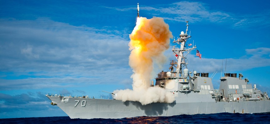 A Standard missile launches from the U.S. Navy destroyer Hopper.