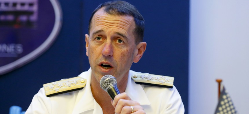 In this Oct. 29, 2018, file photo, Adm. John Richardson, chief of Naval Operations of the U.S. Navy, speaks during a news conference in the Philippines.
