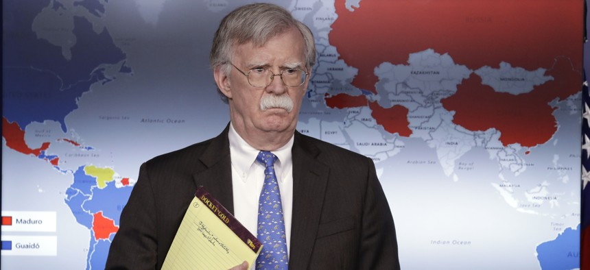 National security adviser John Bolton listens during a press briefing at the White House, Monday, Jan. 28, 2019, in Washington. 