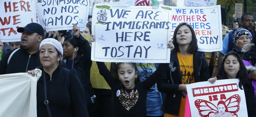  Immigrants and supporters gather 3,000 strong at Columbus Circle to protest & march against President Donald Trump's proposed immigration policies in New York City November 13, 2016.