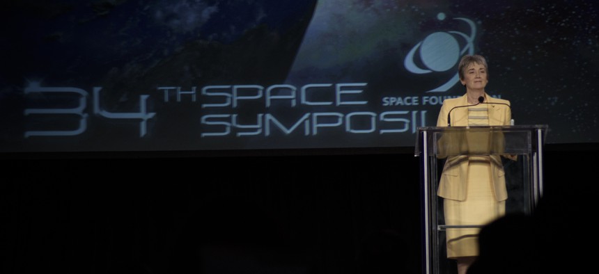 Air Force Secretary Heather Wilson delivers the key note address at the 34th Annual Space Symposium April 17.