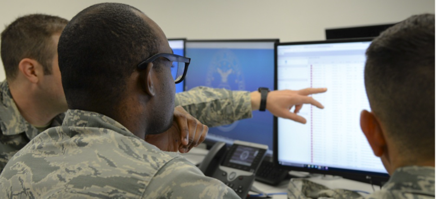Tacet Venari (latin for silent hunt) participants apply skills learned at the first U.S. Air Forces in Europe cyber-only exercise during the practical application portion of training at the Warrior Preparation Center on Einsiedlerhof Air Station, Germany.