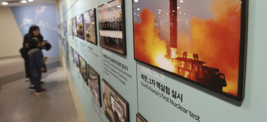 A photo showing North Korea's missile launch is displayed at the Unification Observation Post in Paju, near the border with North Korea, South Korea, Friday, Nov. 16, 2018.