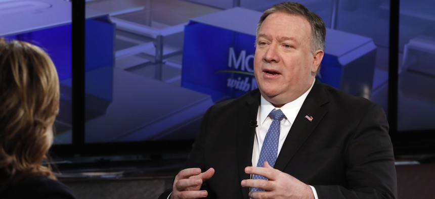 U.S. Secretary of State Mike Pompeo is interviewed about Hoda Muthana's case by Maria Bartiromo during her "Mornings with Maria Bartiromo" program on the Fox Business Network, in New York Thursday, Feb. 21, 2019.