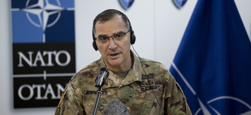 NATO's Supreme Allied Commander for Europe (SACEUR) U.S General Curtis Scaparrotti, speaks during a press conference at the KFOR military headquarters in Pristina in Kosovo capital Pristina on Tuesday, Feb. 21, 2017.