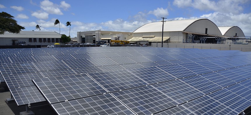Solar panels form part of the Renewable Hydrogen Fueling and Production Station on Joint Base Pearl Harbor-Hickam. 