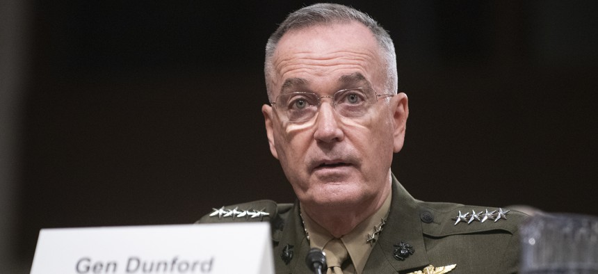 Marine Corps Gen. Joe Dunford, chairman of the Joint Chiefs of Staff, give testimony on the Department of Defense budget posture in the Dirksen Senate Office Building, March 14, 2019. 