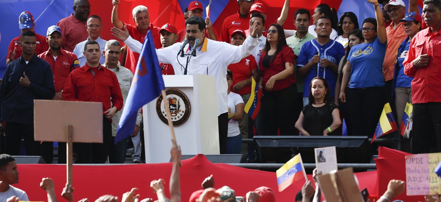 President Nicolas Maduro as he speaks during an anti-imperialist rally for peace in Caracas, Venezuela, Saturday, March 23, 2019.