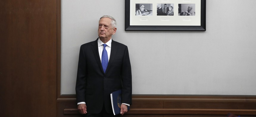 Defense Secretary James Mattis listens to his introduction before speaking about the National Defense Review, Friday, Jan. 19, 2018.
